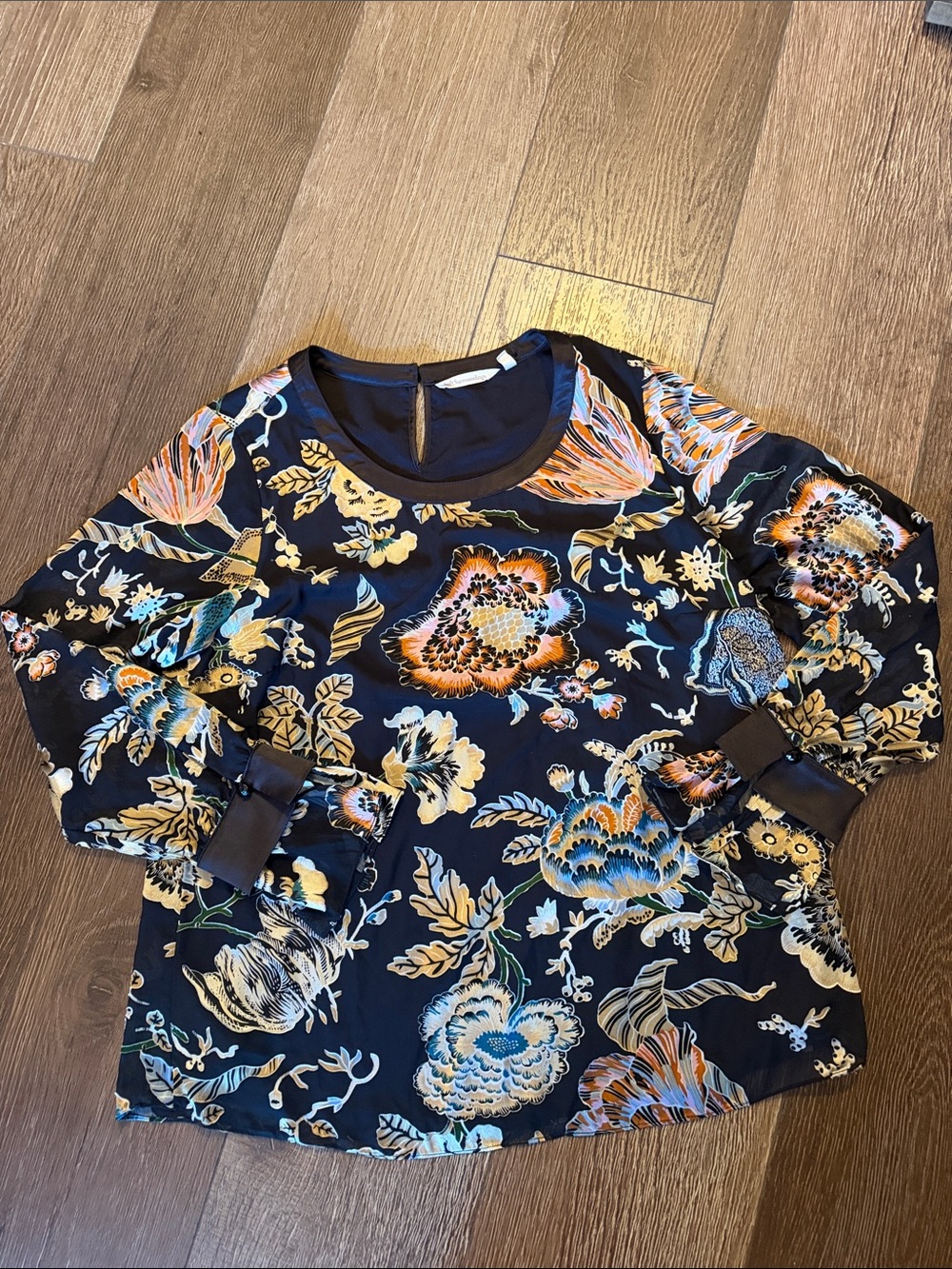Soft Surroundings Black Floral Long-Sleeve Blouse with Satin Trim